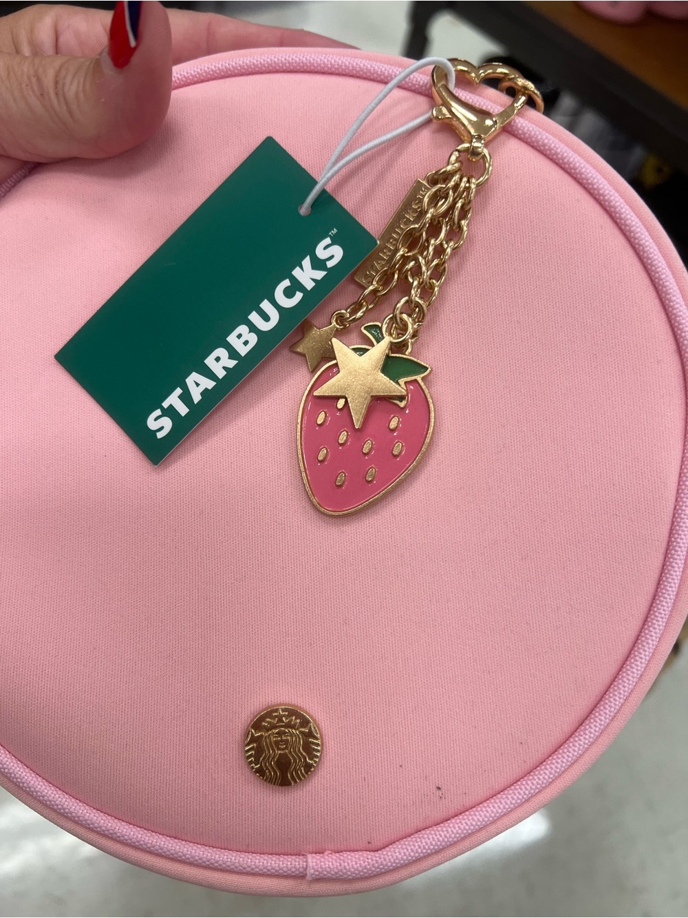 Starbucks Pink Round Pouch with Gold Strawberry Charms,hip pack, cross body